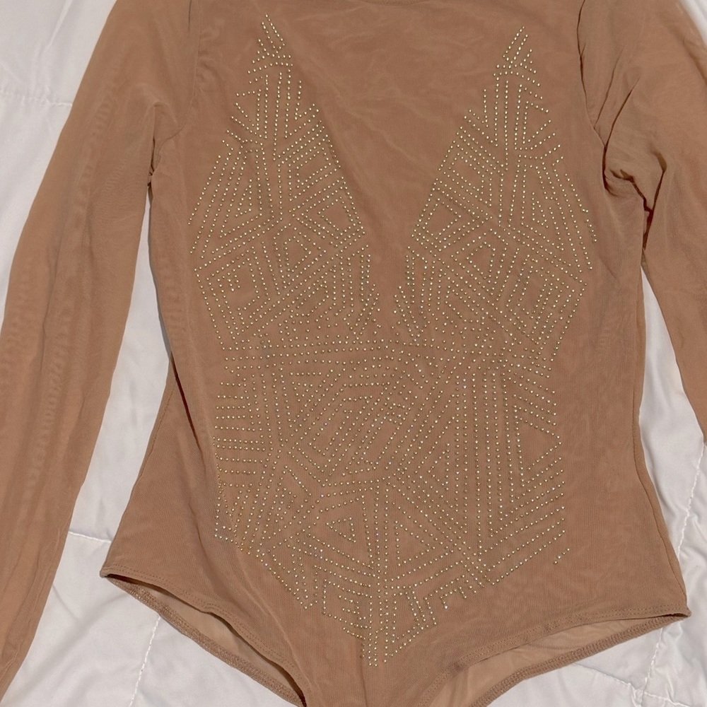 Iris Solid Sequin Body Suit, Crew Neck Mesh Long … - image 3